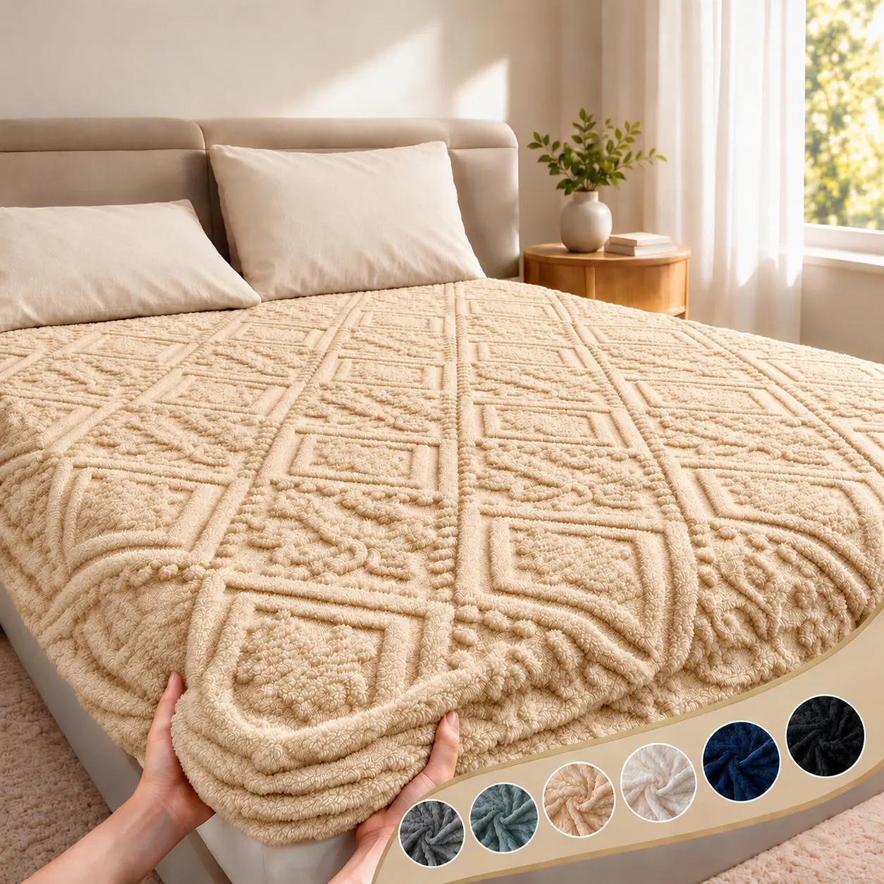 1Pc Luxury 3D Embossed Plush Fitted Sheet, Thick Warm Flannel for Autumn & Winter, Skin-Friendly & Hypoallergenic, Machine Washable Bedding, 14-inch Deep Pocket Design (Pillowcases Not Included),  Ideal Holiday Gift
