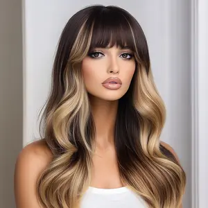 SMILCO/22-inch | Ombre Brown Yellow Loose Wave with Bangs | SM6090