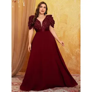 【Plus Size】 Glitter Sequin Chiffon Overlay Party Dress, Elegant V Neck Bishop Sleeve Evening Party Gown, Women's Clothes for All Seasons, Womenswear, Plus Size Formal Dress
