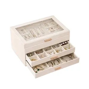 Luxury 3-Tier Glass Top Jewelry Box, Leather-Look Storage Cabinet, Earring Hooks, Ring Display, Necklace Bracelet Watch Organizer, Gift for Women