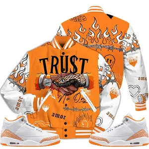 3 White Orange Peel Varsity Jacket, Orange Citrus 3s Outfit Trust No One Graphic Streetwear Sneaker Color Match Shirts