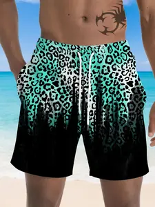 Men's Gradient Leopard Swim Trunks, Quick-Dry Beach Shorts, Elastic Drawstring Vacation Swimming Casual Pants, All over Print