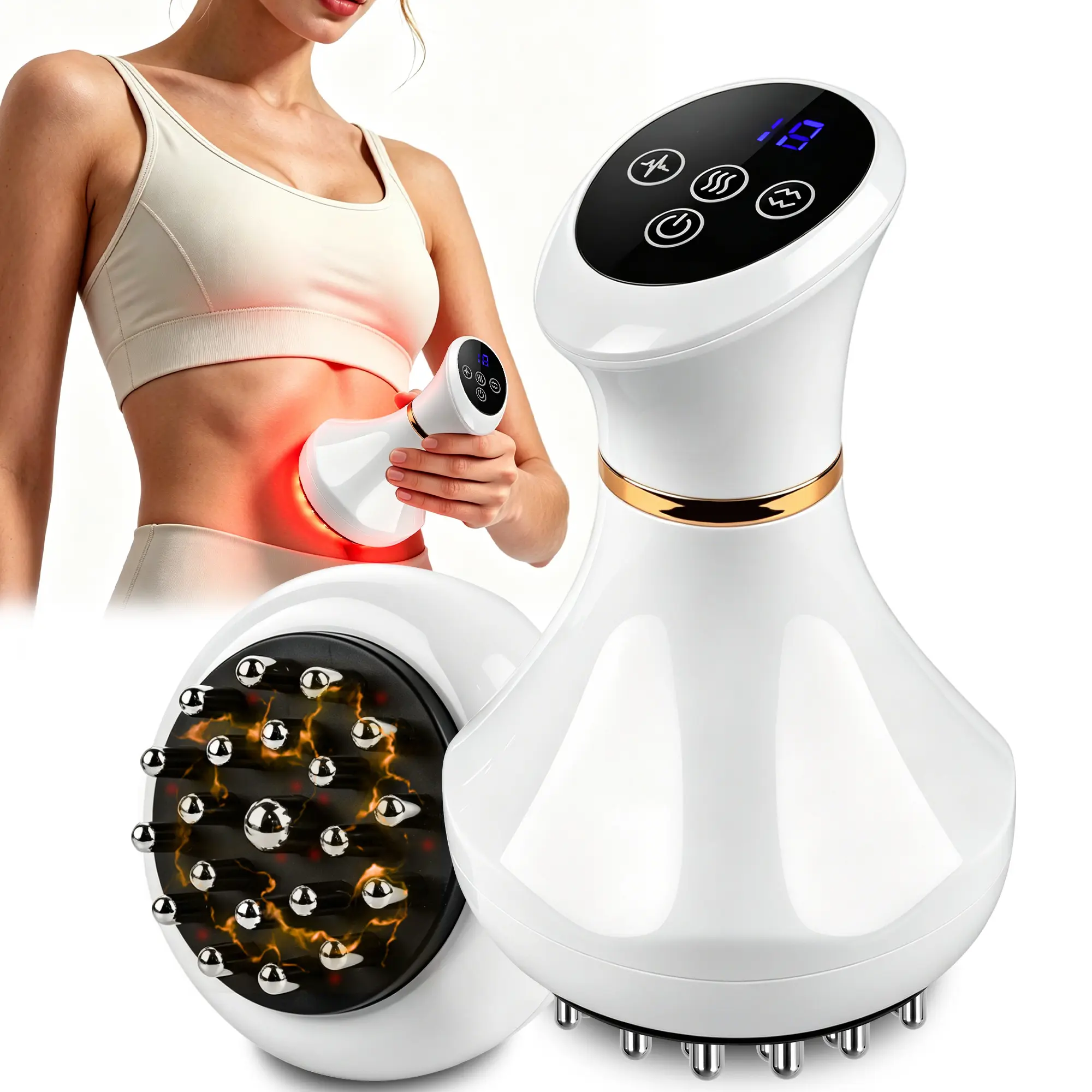 4-in-1 Heated Lymphatic Drainage Electric Meridian Brush with Grip Handle, Lightweight Adjustable Rechargeable Portable Hot Massage Device for Legs, Shoulder, Great Gift for Parents (w/ Massage Oil), Heated Lymphatic Drainage Massage Devices