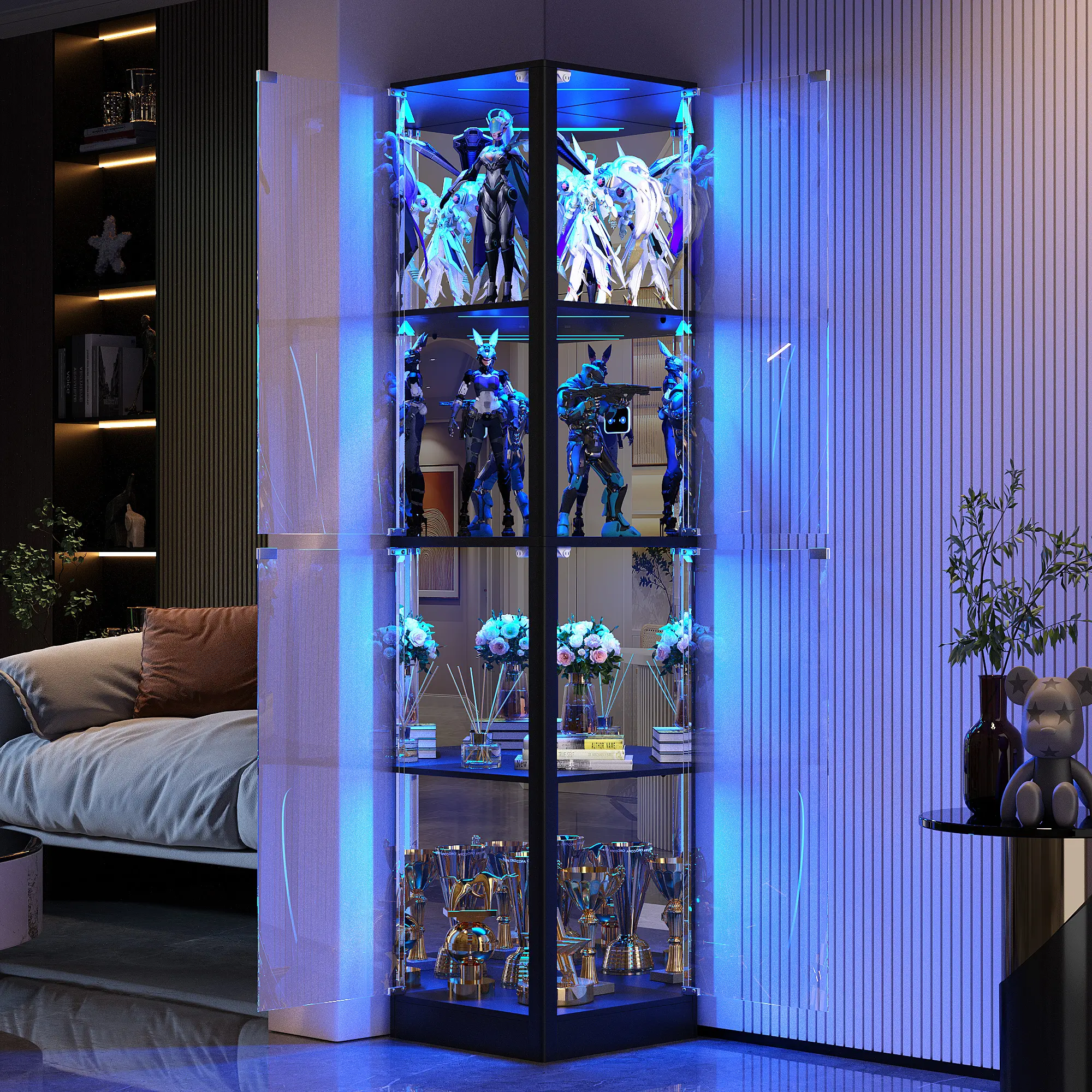Vlsrka Corner Display Cabinet with Glass Doors & LED Lights 68" Tall, Human Sensor Lights, 4-Tier, Display Case for Collectibles, Modern Storage Cabinet