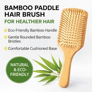 Bamboo Paddle Hair Brush, Wooden Detangling Brush with Rounded Bamboo Bristles, Scalp Massage Hairbrush for Women Men and Kids, Wet & Dry Hair Care Brush