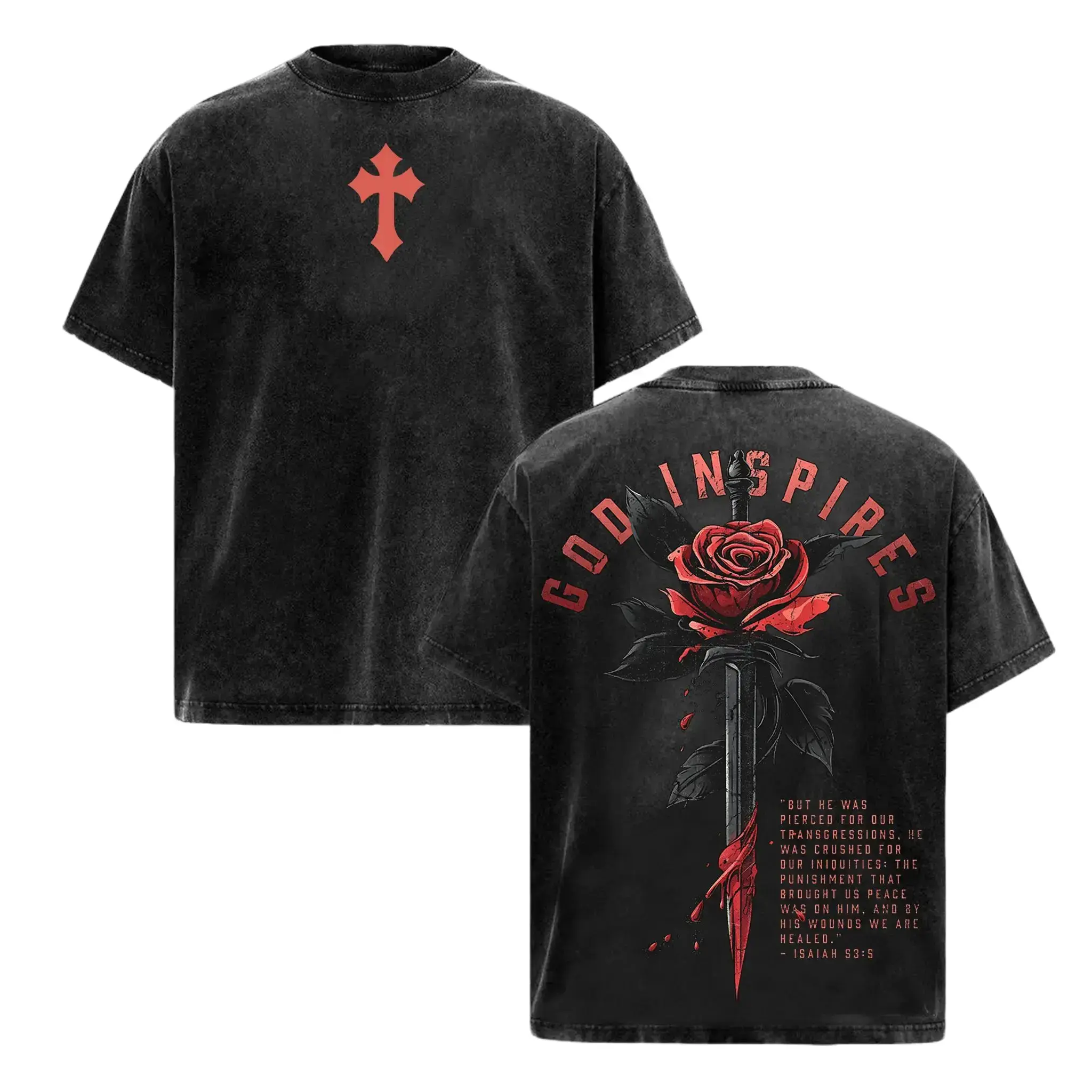 Washed Vintage Christian Graphic Tee - God Inspires Rose Sword Jesus Apparel, Isaiah 53:5 Bible Verse Faith Streetwear Shirt. Round Neck Short Sleeve Machine Washable Everyday Top for Summer Casual Wear. A Perfect Religious Gift for Believers & Youth