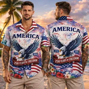 USA 250th Anniversary Men’s Hawaiian Shirt 1776-2026 Patriotic Flag Liberty Eagle Vintage Print Short Sleeve Summer XS-5XL Soft Comfortable Fabric