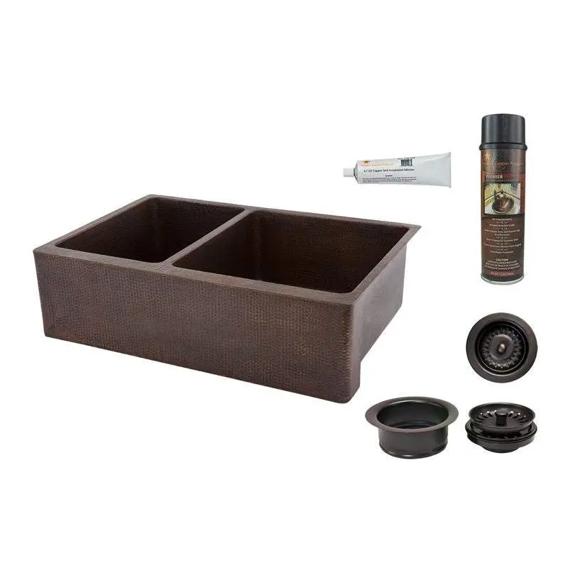 33" Hammered Copper Kitchen Apron 40/60 Double Basin Sink with Matching Drains