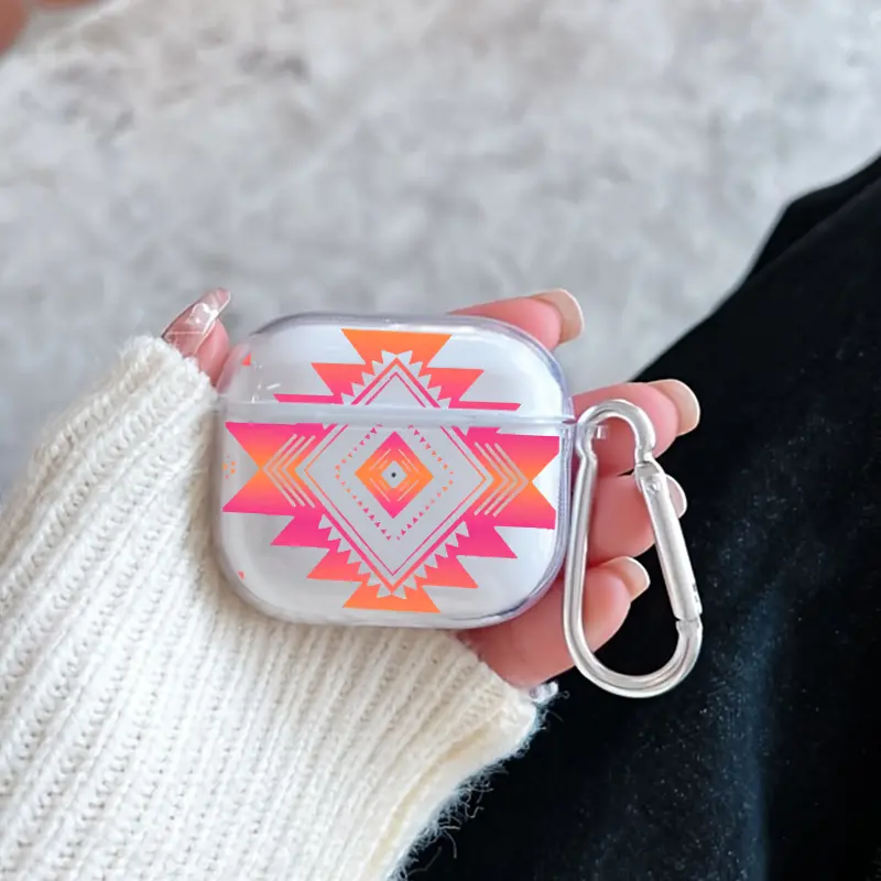 Geometric Sunset Pattern Pattern Protective Case for AirPods 4/3/2/1/Pro/Pro2 Soft TPU Earphone Cover, Transparent with Keychain