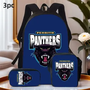 Durable Water Resistant 3-Piece Backpack Set for Kids, Lightweight School Bag with Lunch Box, Featuring Penrith Panthers Roaring Black Panther Mascot Logo Full-Print, Solid Deep Blue Base for NRL Rugby Sports Fans Daily School & Casual Use