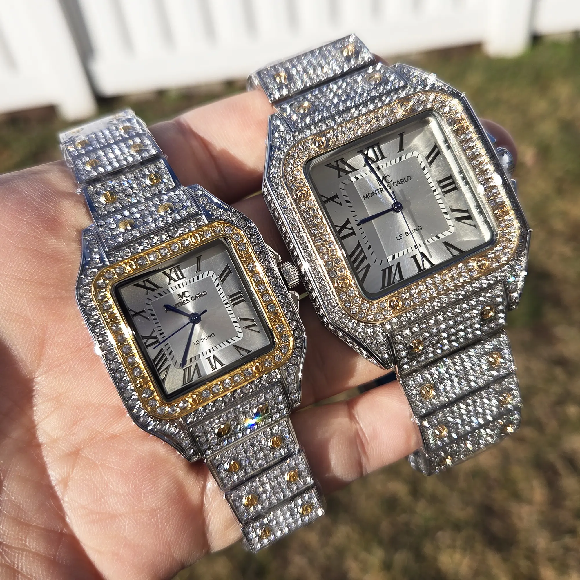 MaxBling81 2-Tone Luxury Iced Square CZ Alloy Band Couple Watch Set, Hardlex Glass, Japanese Quartz Movement, Stainless Steel Back, Fashion Dress Bling Wristwatch Gift, Fashionable Watches, Rhinestone Decorated Watch