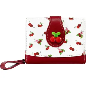 Cute Print Wallet Blueberry Strawberry Cherry Wallet with Credit Card Slot Zipper Coin Pocket for Women Girls (RED)