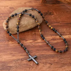 Protection Rosary Necklace with Hematite Cross – Obsidian & Tiger’s Eye Amulet for Men & Women, Perfect Gift for Her or Him