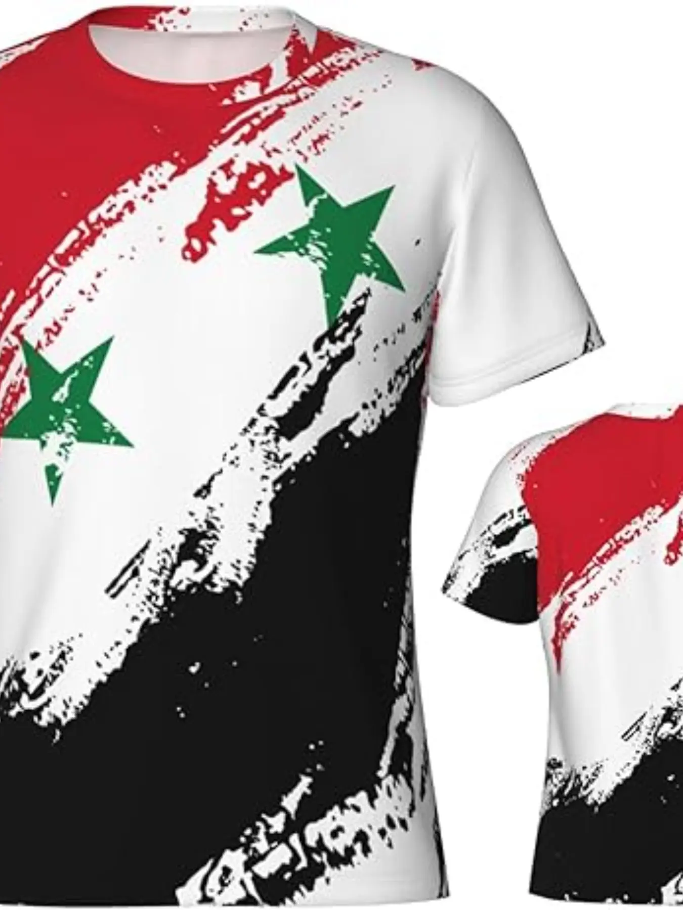 Syrian Flag Color Sports T-Shirt, Patriotic Design Tight Fit 3D Print, Casual Loose-Fitting Long Top, No Zipper, with Collar