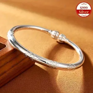 S999 Pure Silver Bangle Bracelet, Floral Engraved Minimalist Silver Bracelet, Polished Daily Wear Jewelry for Women, Mother’s Day Birthday Gift