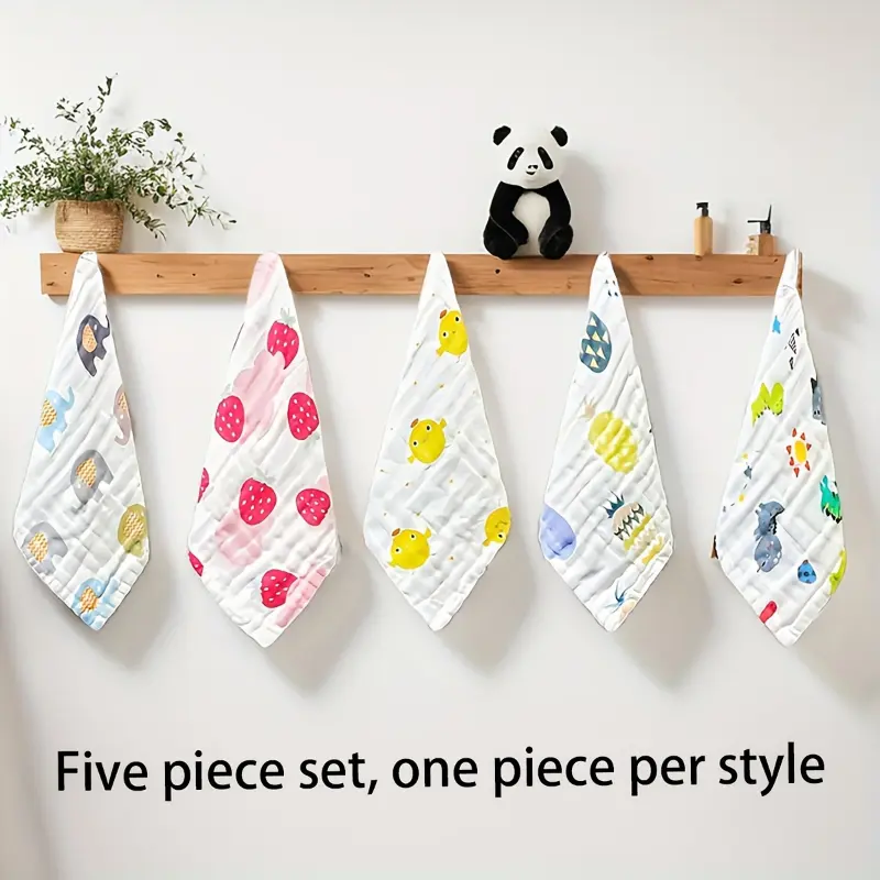 5-Piece Cotton Knit Fabric Face Towel Set - Super Soft, Contemporary Style, Cartoon Themed, 480gsm Square Washcloths for Gentle Skin Care