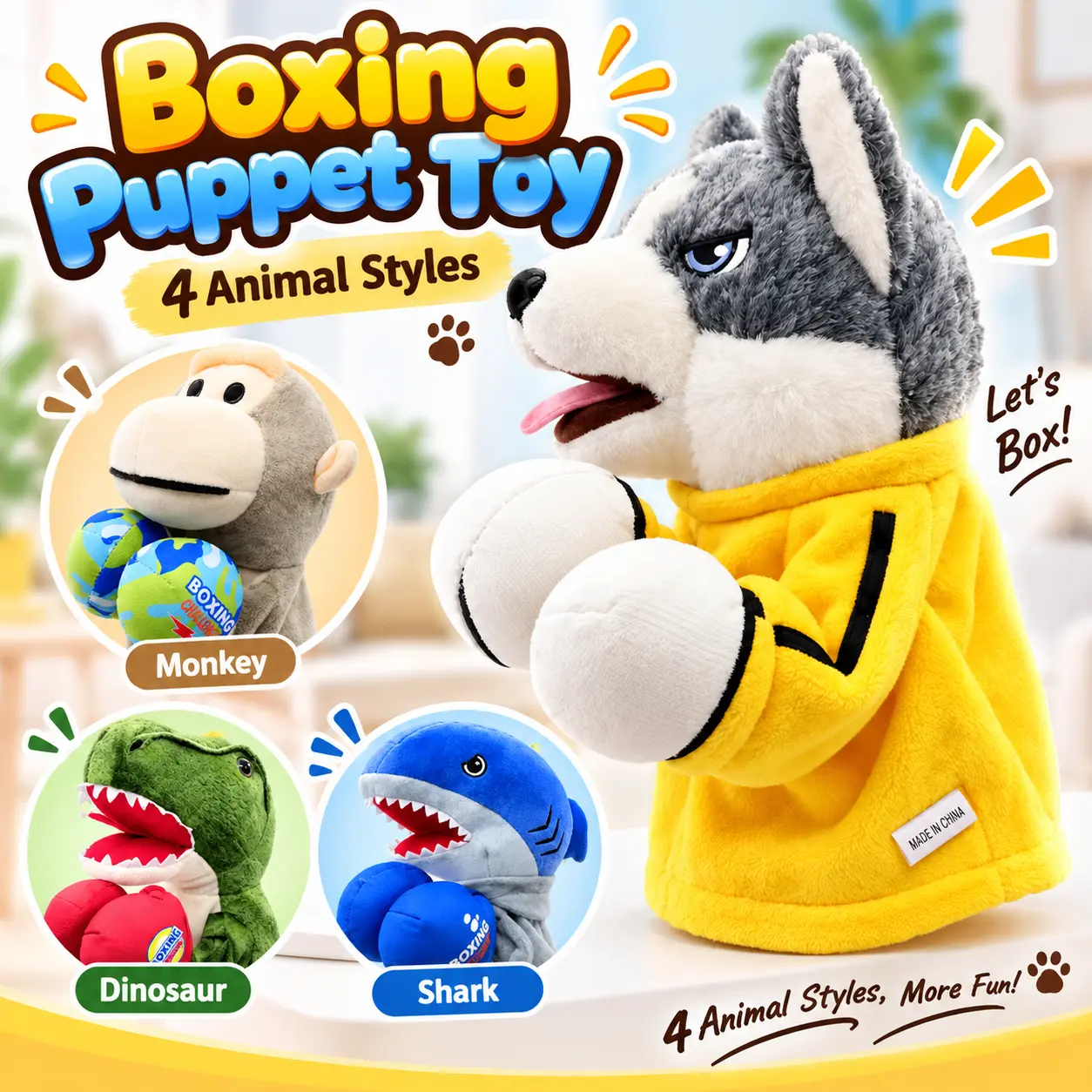 Interactive Husky Boxing Puppet Toy, Plush Punching Hand Puppet with Trigger-Controlled Gloves & Fun Sound Effect, Funny Animal Pretend Play Toy for Family Games, Parties & Gifts