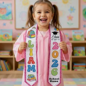 Personalized Kindergarten Graduation Stole Pink Glitter, Custom Name Kids Sash Class of 2026, Preschool Grad Gift, Pre-K Graduation Stole