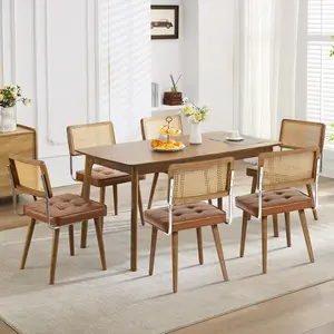 Modern Boho Rattan Dining Chairs Set of 4 – Curved Wood Back, Soft Upholstered Seat, Sturdy Rubberwood Legs – Ideal for Kitchen or Dining Room(Two pieces in one box)