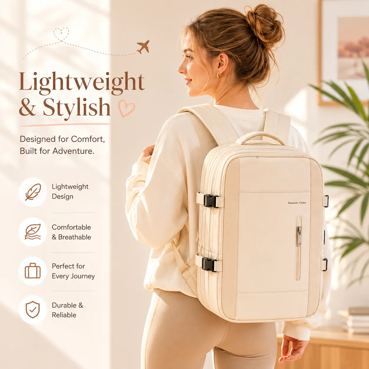 Expandable Travel Backpack, Carry On Backpack, 15.6 Inch Laptop Compatible, External USB Charging Port, Airplane Approved, 22L, Water Resistant, Side Zip Expandable, Trolley Sleeve, for Men Women, Beige, Business Work Travel, backtoschool