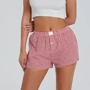 Y2K Boxer Shorts for Womens Low Waist Plaid Lounge Shorts Elastic Cute Gingham Pajamas Bottoms Summer Sleep Shorts Low Waist Button Front Lounge Shorts 2024 Trendy Shorts，Back To School Outfits，Womenswear Soft Lady Underwear(Sheets)