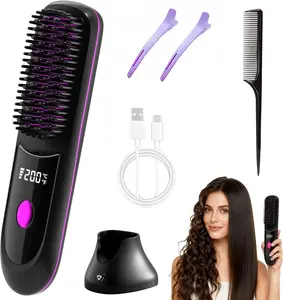 Cordless Hair Straightening Brush with Base, Negative Ion Fast Heating Hair Styling Tool, 6400mAh Rechargeable USB Device for Frizz-Free Shine, Portable Beauty & Personal Care Grooming Tool