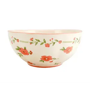 Golden Lion 8-Inch Lotus Bowl - Red Glaze Peach Blossom Design, Ceramic Rice Bowl for Soup, Salad, Cereal - Dishwasher Safe, Microwave Safe