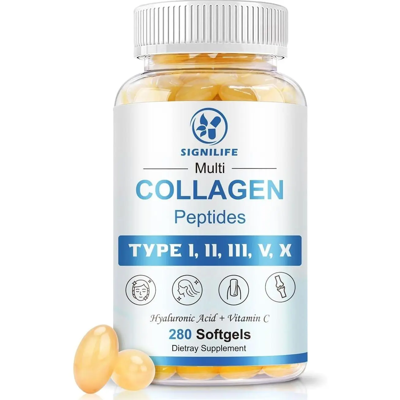 Multi Collagen Peptides for Women & Men, Hydrolyzed Collagen Peptides-Type I, II, III, V, X - with Hyaluronic Acid,Vitamin C,Biotin,Supports Skin Hair Nail, Non-GMO, 280 Softgels
