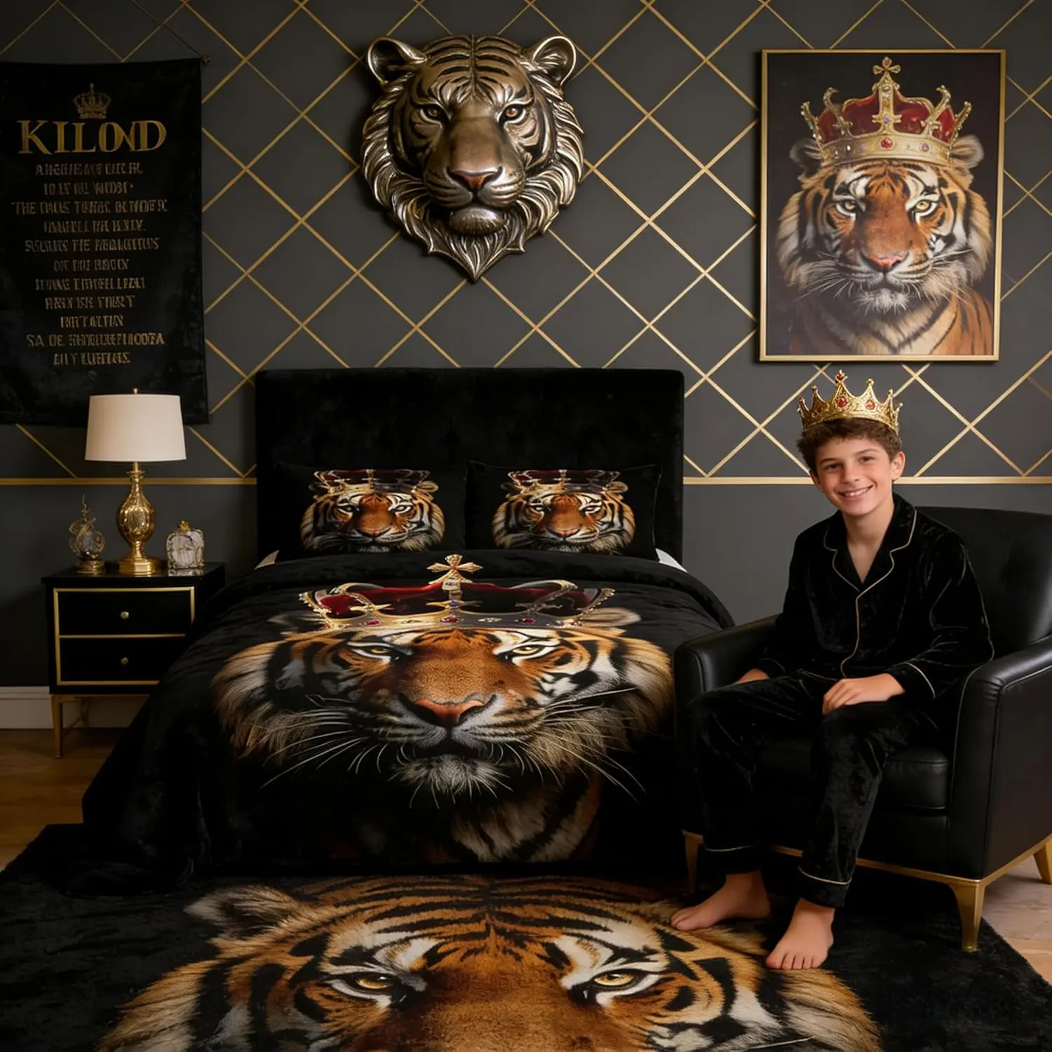 Wild Tiger Comforter Set,3D Wildlife African Tropical Animal Bedding Set Men,Golden Crown Print Black Quilted Duvet Set