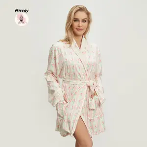 Women's Spring Autumn Sleep Robe Long Sleeve Lapel Belted Floral Nightgown with Pockets