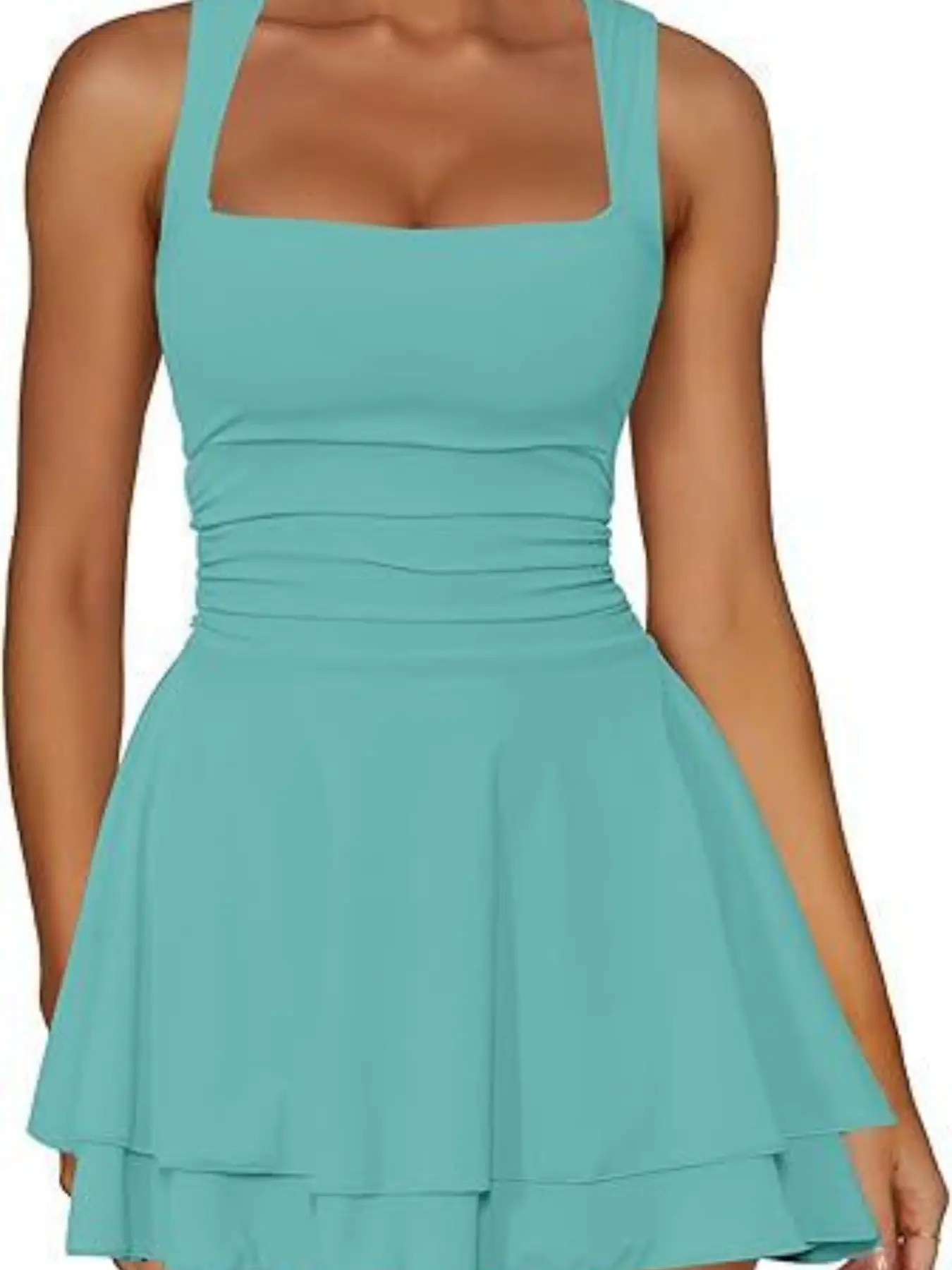 2026 New Model Square Neckline Dress, Ruched Elastic Waistband with Pleats, Mini Skirt Length, Casual Loose-Fitting T-Shirt for All Seasons