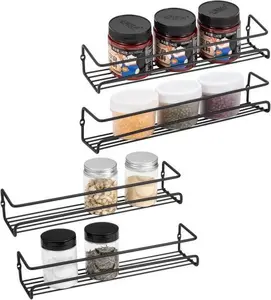 Black Metal Wall Mount Spice Rack Organizer 4 Pack Heavy Duty Kitchen Storage Shelf for Cabinet Door Pantry & Countertop Space Saving Seasoning Condiment Holder with Adhesive Stickers and Screw Mounting Options