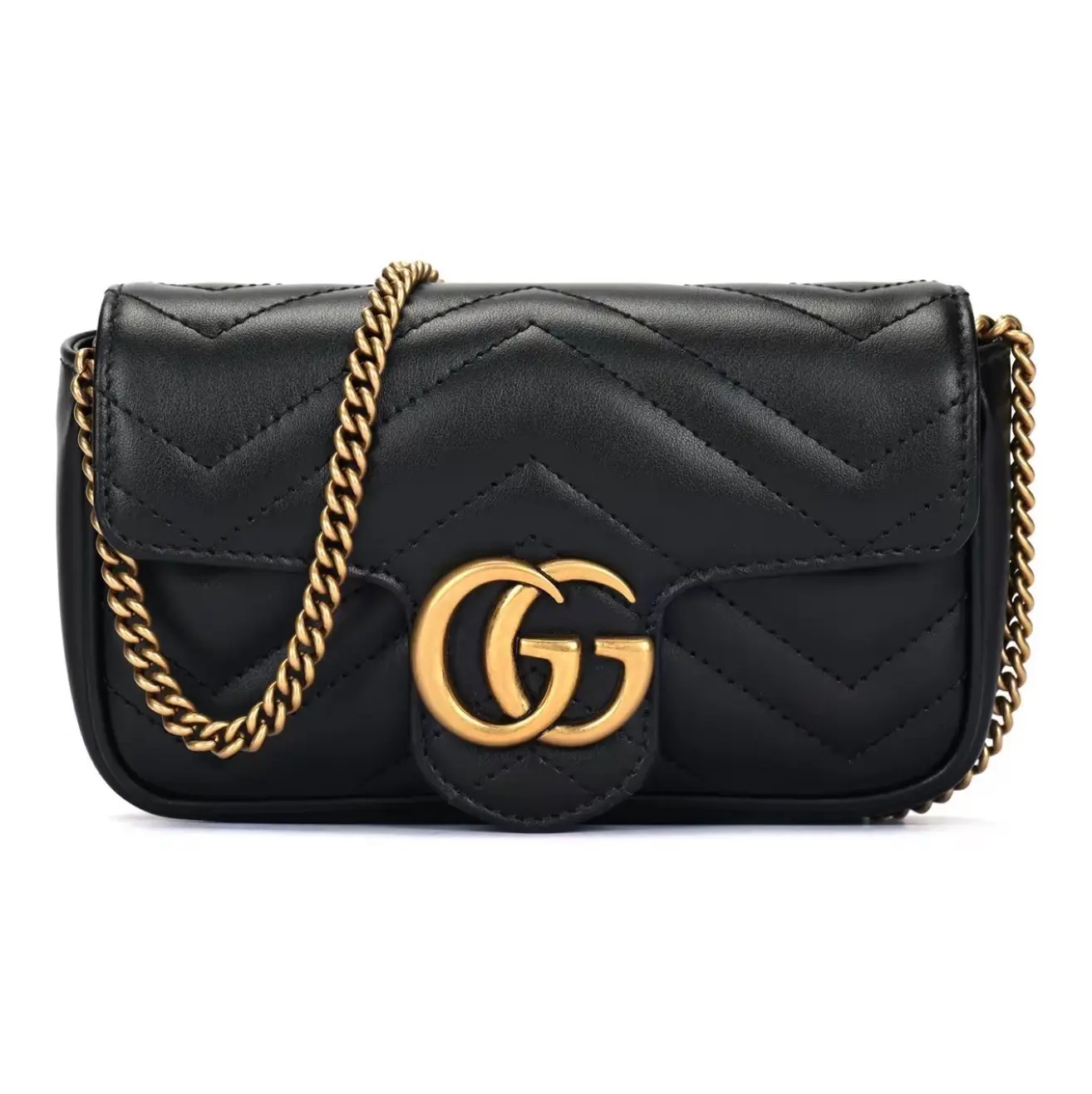 Pre-owned GUCCI Super Mini GG Marmont Black Leather Gold Chain Shoulder Bag 2604326