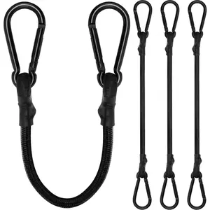 12 Inch Heavy Duty Extra Strong Black Elastic Bungee Cords with Carabiner Hooks, 1/3 Inch Thick, 4 Pack Ideal for Camping, Tarps, Bike Rack, Tent Outdoor Use