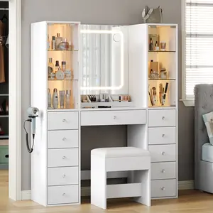 FUSOU 11 Drawers Makeup Vanity with Charging Station, Vanity Desk with LED Mirror & 2 Glass Cabinet, 3 Color Modes, Brightness Adjustable, Glass Top, Dressing Table with Chair for Bedroom (11 Drawers)