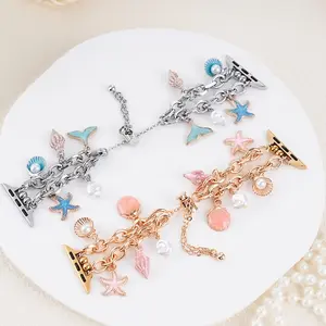 Women's Ocean Series Starfish Shell Faux Pearl Pendant Metal Strap, Fits Apple Watch Series 1-11 Ultra, 38-49mm, Party & Daily Wear