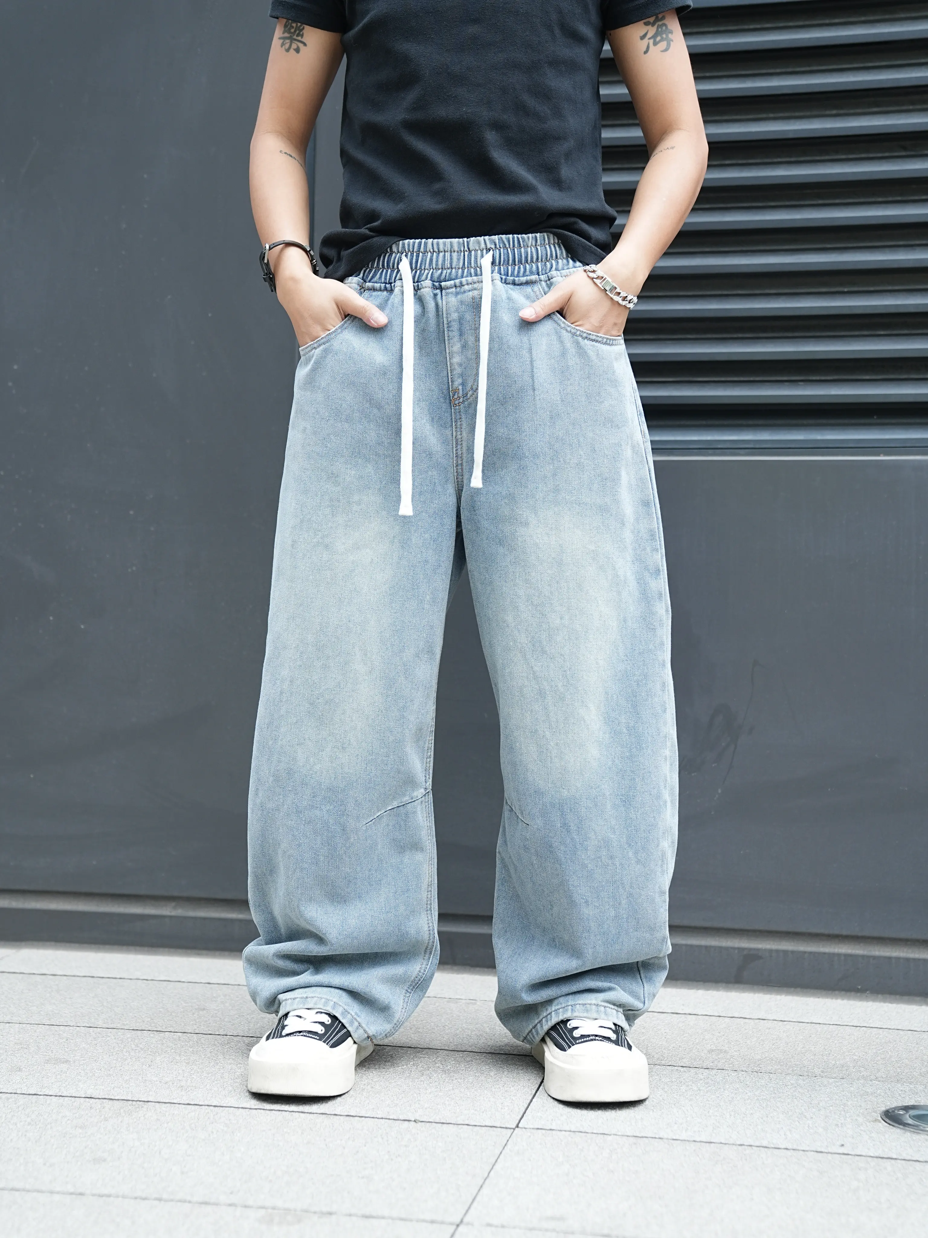 Men's Beggy Wide Leg Elastic Waist Jeans, Y2K Street Style, Loose Fit, Soft Comfort Fabric, Versatile Basic Design, Vintage Distressed Finish, Outfits, Hoodie