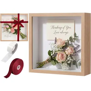12"x12" Wedding Shadow Box Frame Flower Display Case Kit, DIY  Color Picture  Box with Lid Deep Glass Case Red  Ribbon for  Wrapping Craft Bouquet Flower Keepsake Memory