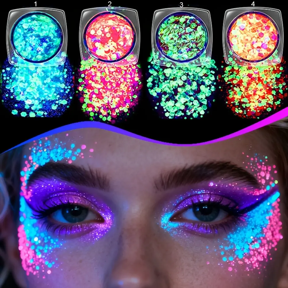 4pcs Glow-In-The-Dark Glitter Gel, Fast-Drying Self-Adhesive Neon Sparkles, Body And Face, Glitter Makeup, Halloween Festival Accessories, Summer Decor, Friday Sale