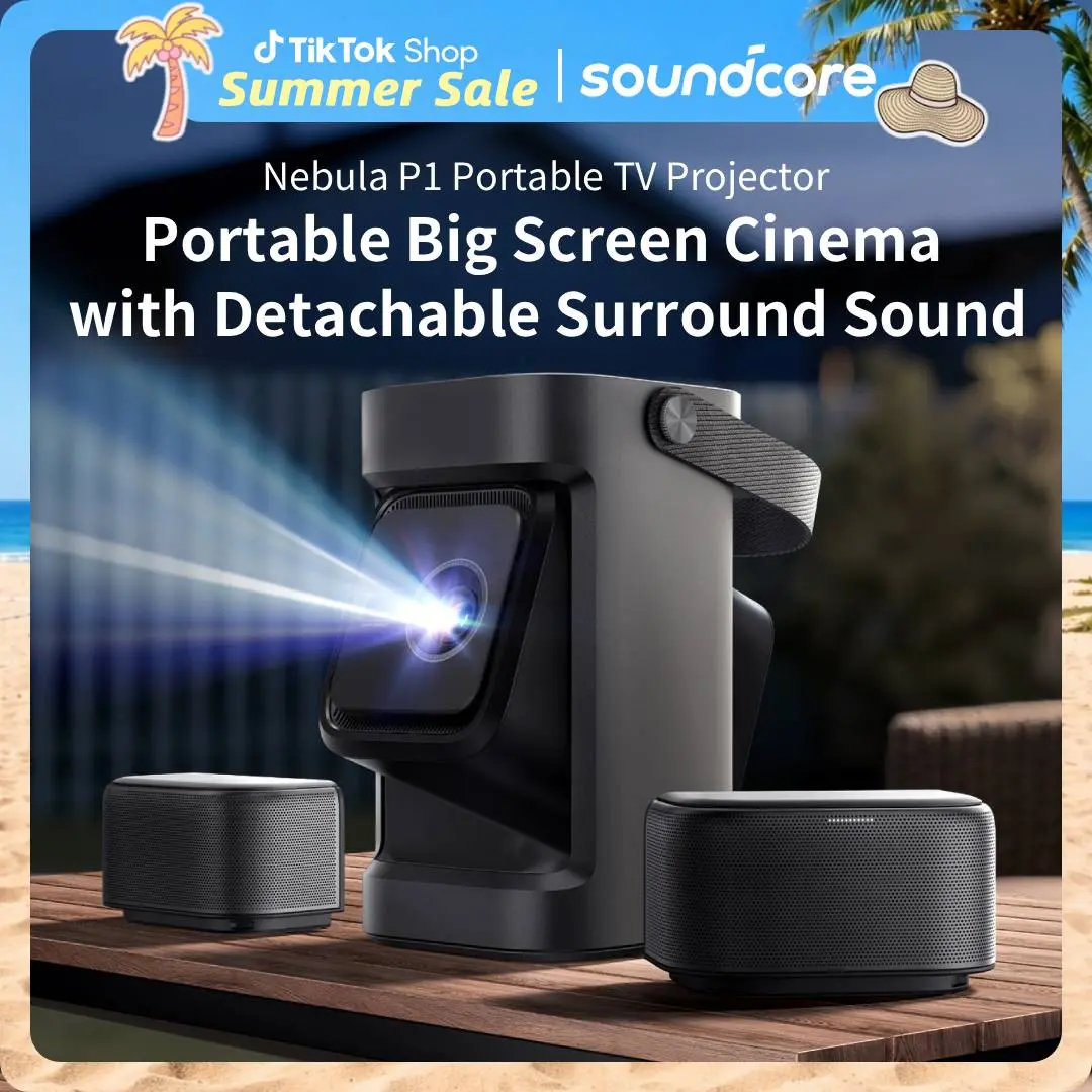 Nebula P1 Portable GTV Projector with Detachable Speakers, 650 ANSI Lumens, 1080P, 20W Truly 2.0 Surround Sound, Dolby Audio, Built-In Gimbal, Auto Adjustment, 180" Big Screen, Carry Handle #tiktokshopsummersale