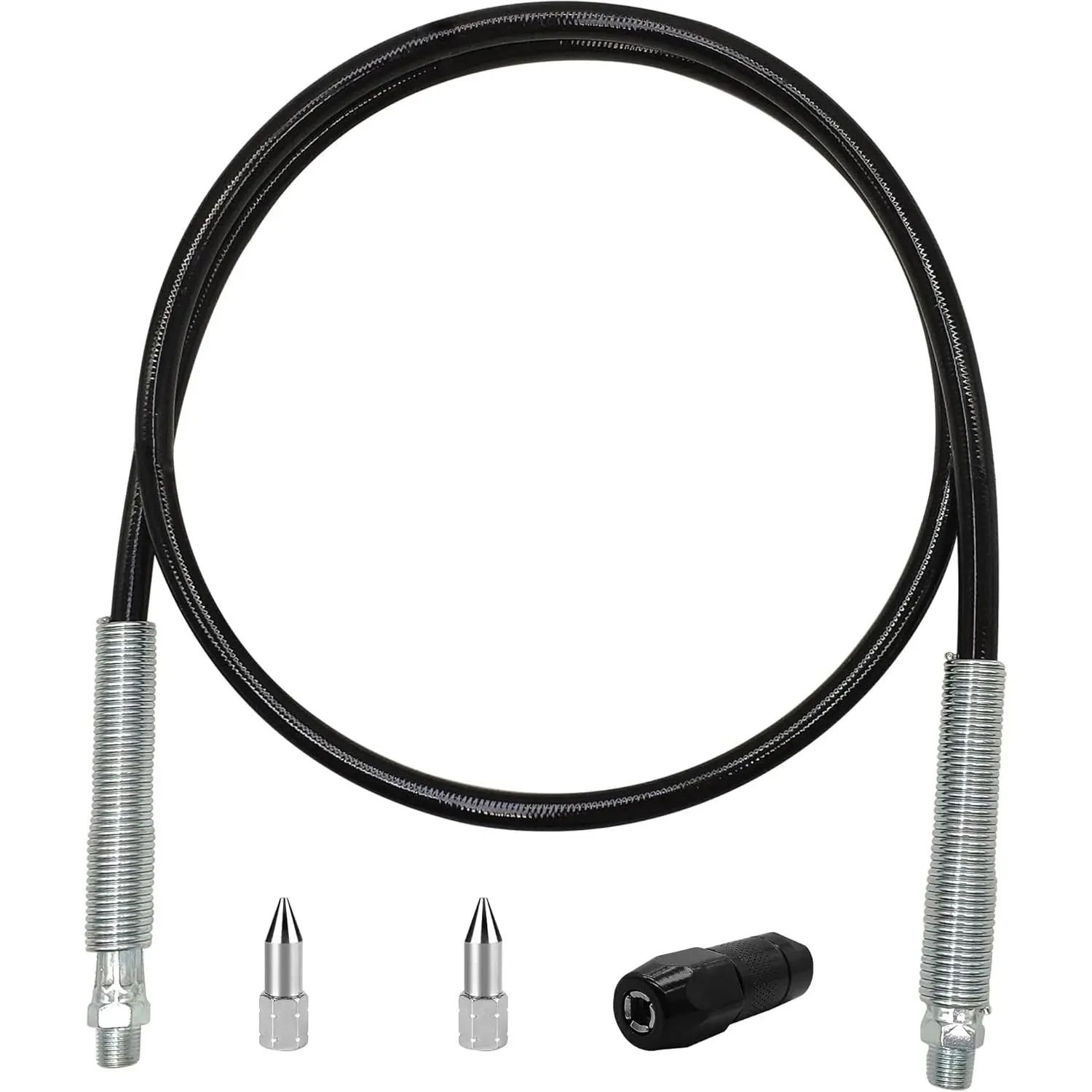 47in 4-Piece Grease Gun Hose Kit, Grease Gun Accessories Set Includes 47in Flex Grease Hose Extension, 4-Jaw Standard Grease Couplers and 2pcs Sharp Nozzles (1/8" NPT)…