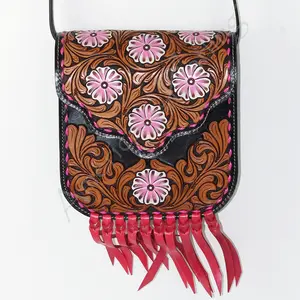 American Darling Messenger Bag Hand Tooled Floral Carved Leather Buck Stitched Fringes Vegetable Tanned Genuine Leather