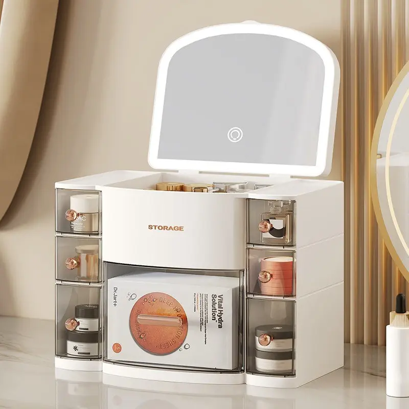 Cosmetic Storage Box with Mirror, Dustproof Desktop Organizer, Large Capacity Skincare Makeup Stand, Home Use Vanity Case