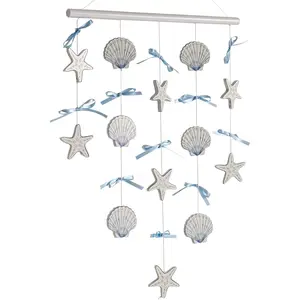 pechpell Beach Seashell Wall Hanging Decor, Ocean Nursery Themed Coastal Wall Art 29"x15" Wooden Shells Starfish Decor with Blue Bow for Beachy Room Bathroom Bedroom Office Farmhouse Home Decorations