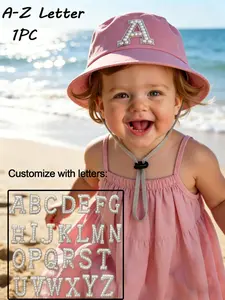 1PC A-Z Letter Pearl Kids Fisher Hat, Adjustable Chin Strap Sun Protection Cap, Summer Sun Hat, Perfect for Beach and Daily Wear, Suitable for 2-4 Year Old Babies