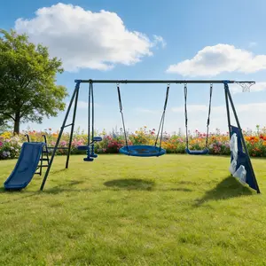 XNS052 grey and blue interesting six function swingset with net swing metal plastic safe swing set 440lbs for outdoor playground for age 3+ with 31.5in net swing outdoorfun,kids outdoor play , playset