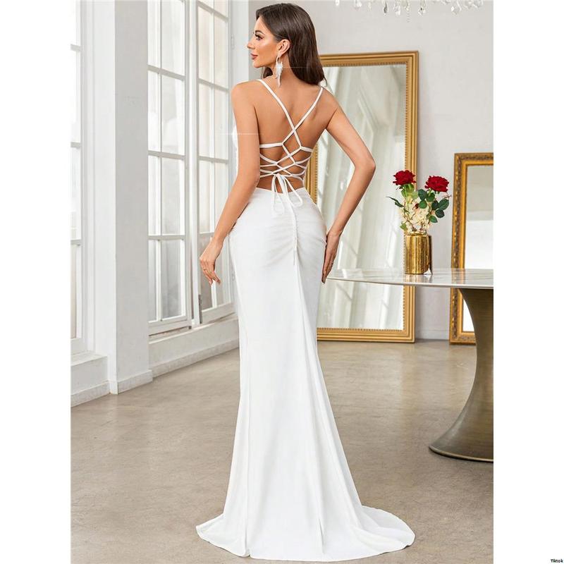 Ladies 2025 Woman Pary For Date Femme Soiree Prom Party Dress Summer Dresses High Backless White tiktok Belle Women Suspended Waisted Sequin Patchwork Slit Long Skirt Graduation Tie Back Robe Night Formal