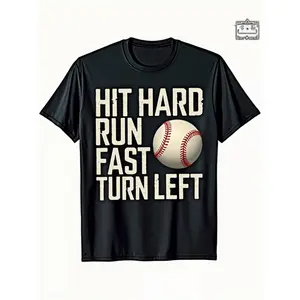 Graphic T-Shirt for Baseball & Softball - Features a Design with a Baseball Bat And Ball, Emphasizing Hitting Hard, Running Fast, And Turning Left - Made of 100%, This Casual Sports Tee Offers a Loose Fit, Perfect for Little League  (3-13Y)