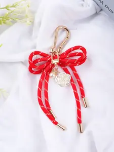 Bowknot Keychain Bag Charm, Nylon Braided Rope with Imitation Pearl, Carabiner, Cute Accessory for Women, Pendant Keychain, Key Organizer & Purse Decor