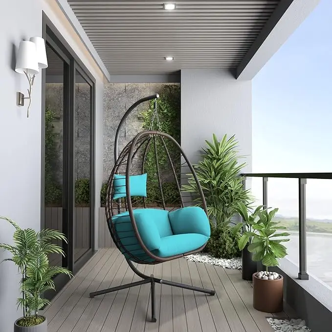 【BackToSchool】Egg Swing Chair Outdoor Indoor Wicker Rattan Hanging Chair with Stand 350lbs Capacity w/Strong Frame & Cushions for Patio Balcony Bedroo
